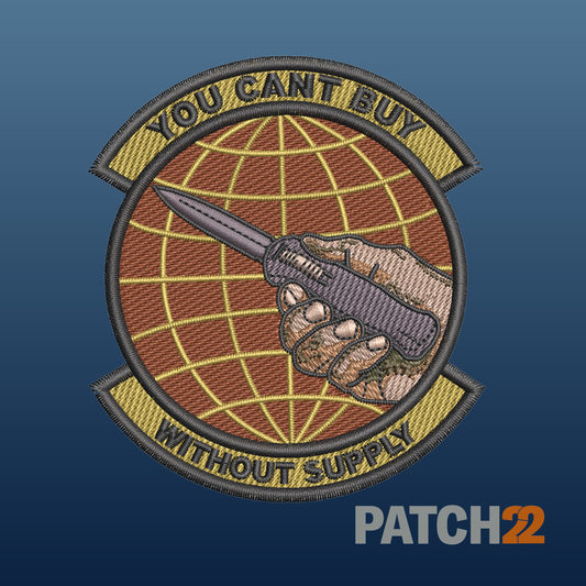 Patch with a hand holding a knife and 'You Can't Buy Without Supply' text on a globe, with Patch2 branding.